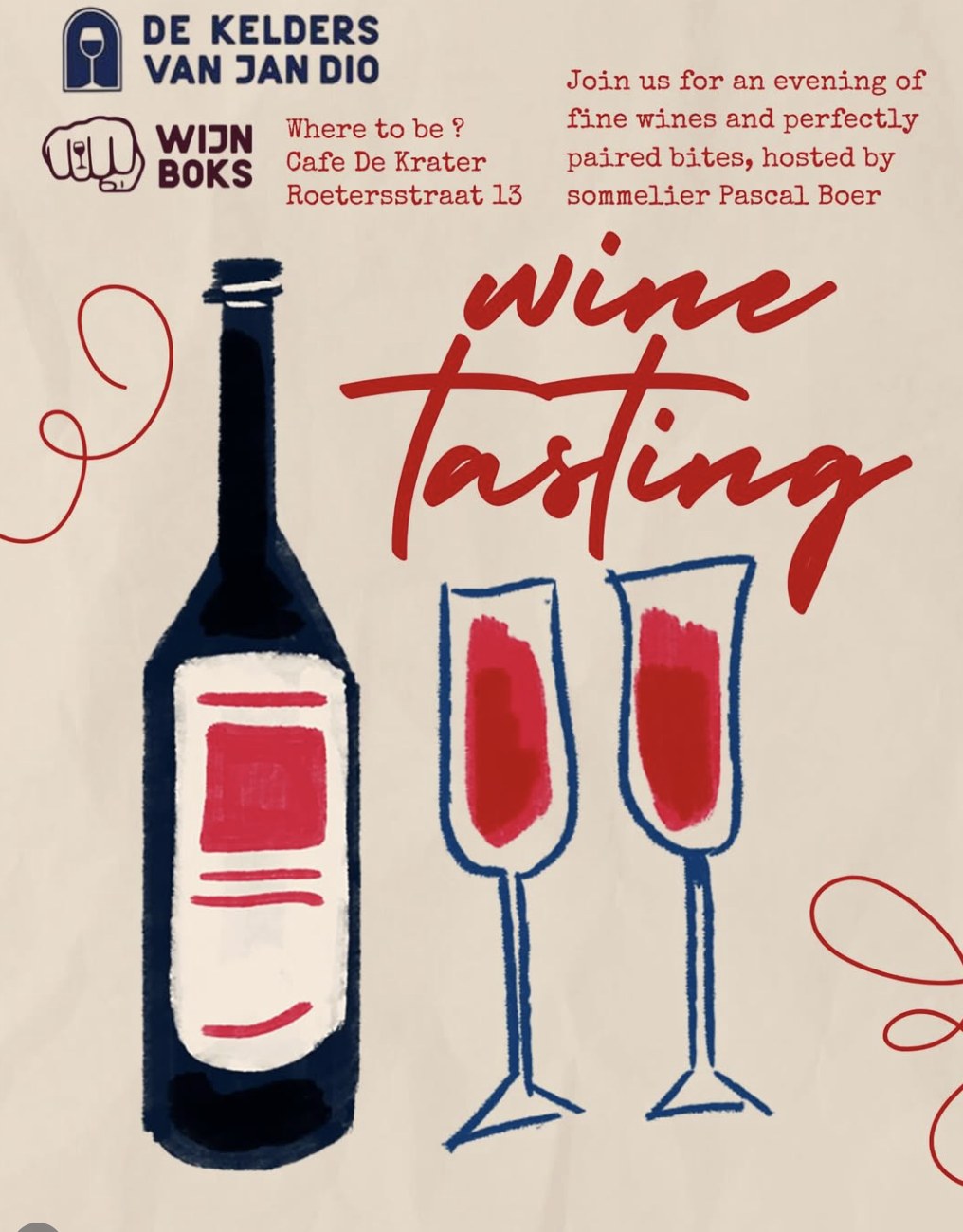 Poster for the Wine Tasting night at Café De Krater